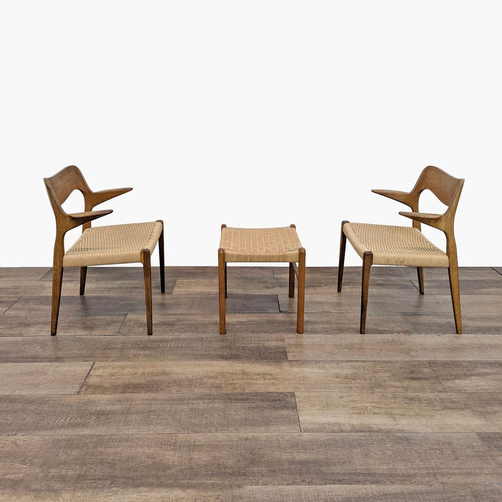 2. Side view of Reperch set: two teak chairs with curved backs and a woven cord side table in between.  
