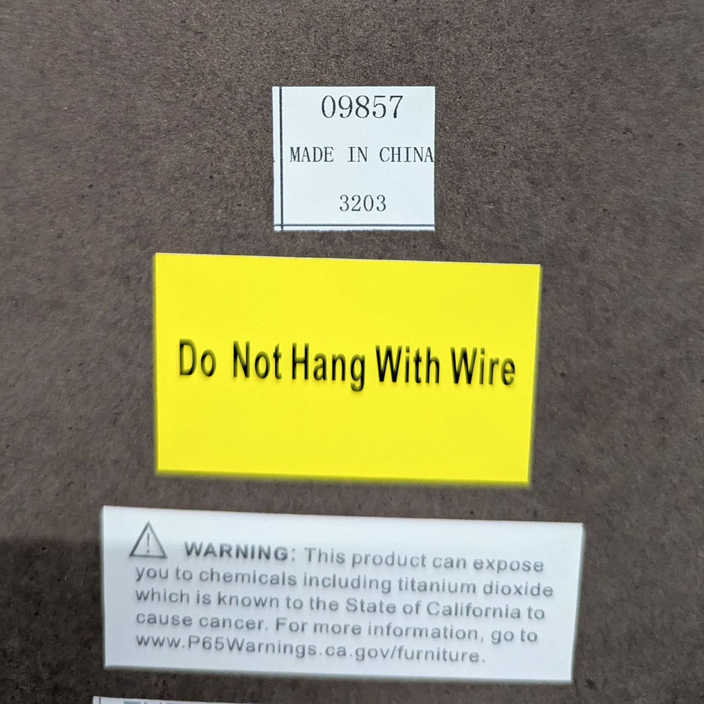 Close-up of warning label "Do Not Hang With Wire" on Uttermost mirror.