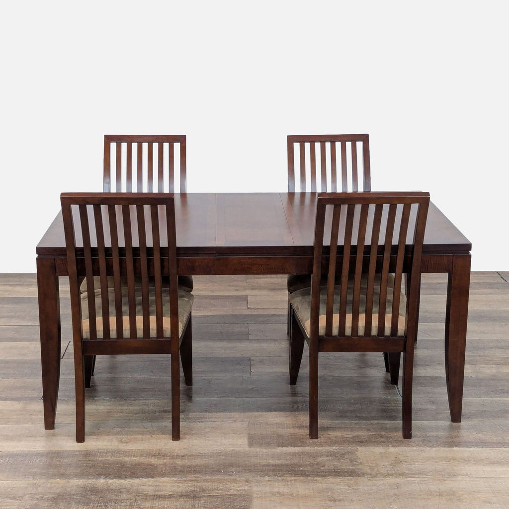 1. Expandable wood dining table with 12” leaf and four upholstered chairs, Legacy Classic Furniture dining set.  