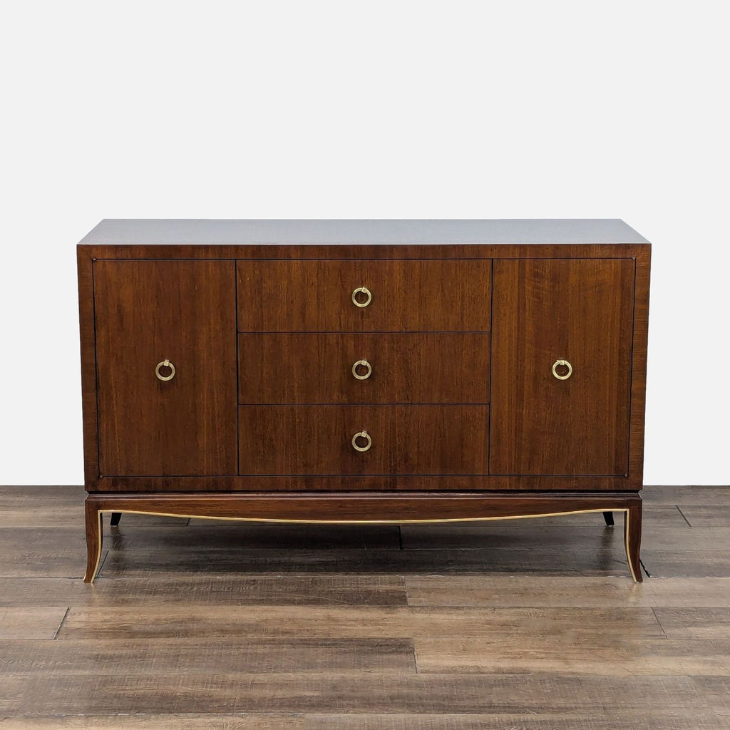 1. Reperch mahogany dresser with three center drawers and two side cabinets, gold ring hardware, front view.