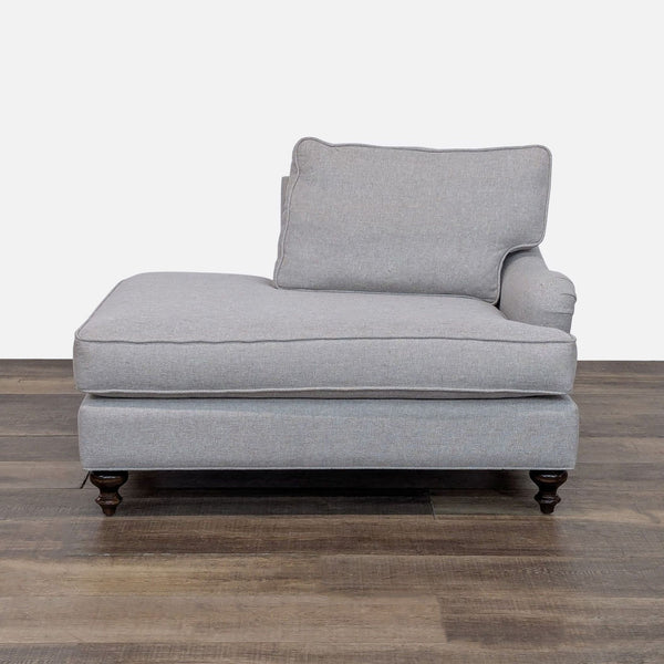 1. Reperch Lounge chaise with right armrest, removable cushions, and turned wood legs, front view.