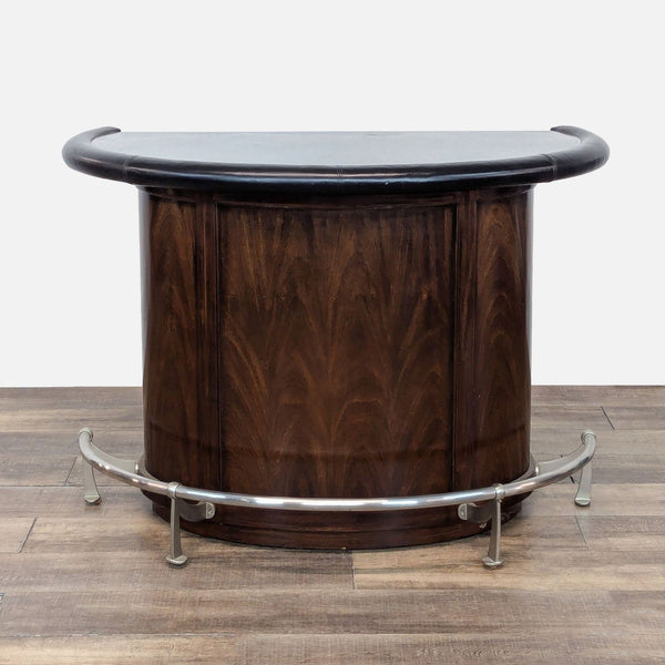 1. Mahogany Art Deco bar with marble top, bonded leather armrest, and brushed nickel footrest, Thomasville brand.