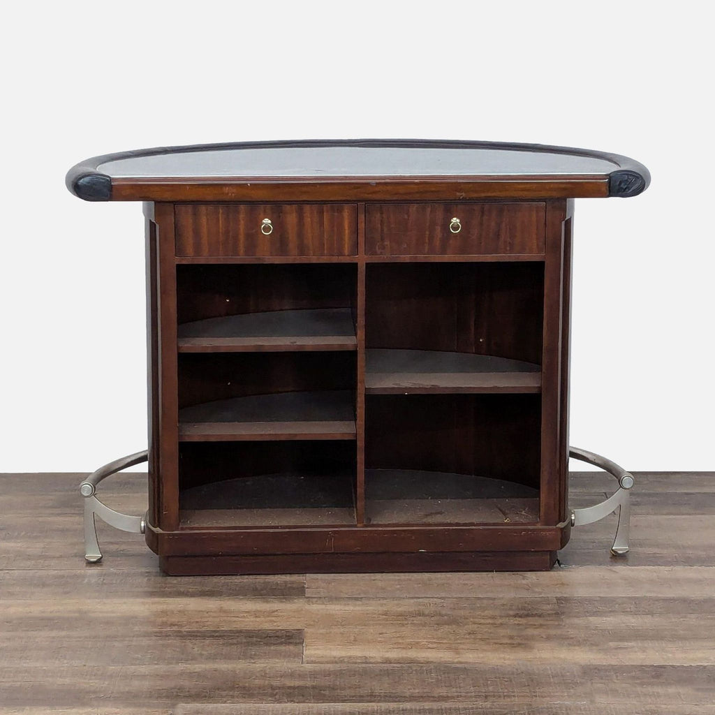 2. Back view of Thomasville mahogany bar showing two drawers and four shelves, marble top, and Art Deco design.