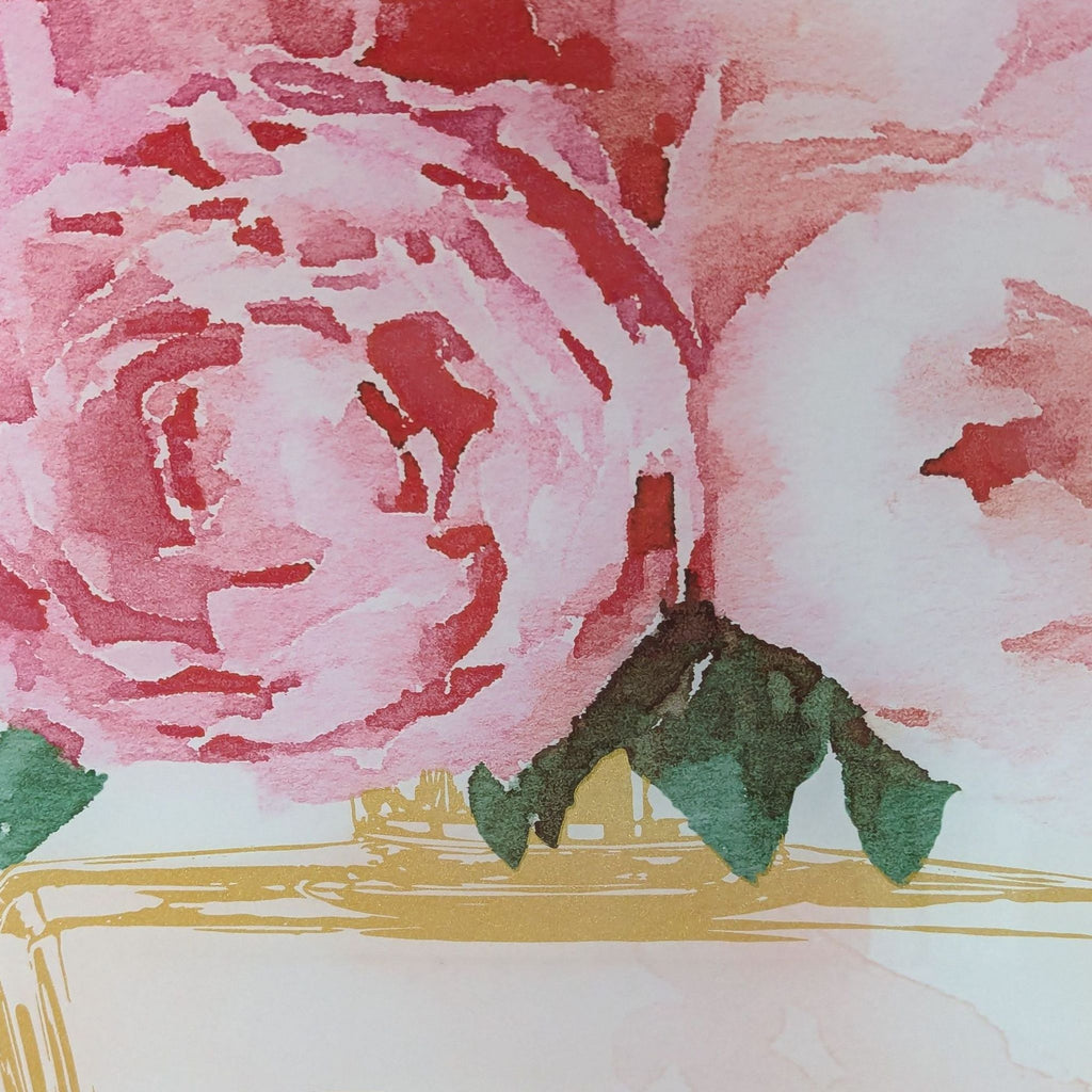 2. Close-up of pink peonies watercolor detail from a Z Gallerie perfume bottle art print.  
