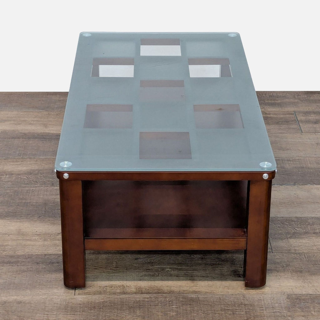 2. Rectangular Reperch coffee table featuring a patterned glass top and sturdy wooden frame, viewed from above.  