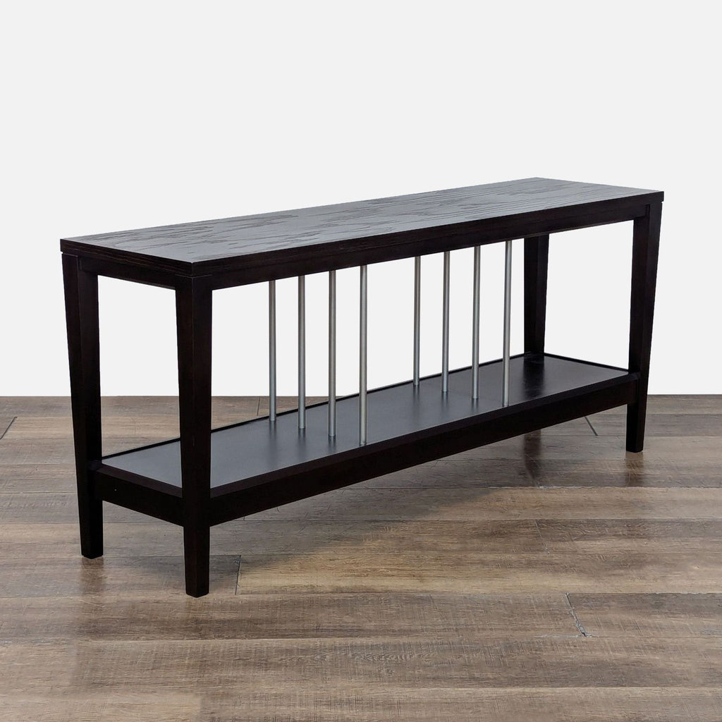 2. Side and console table by Baronet Furniture in espresso wood, featuring lower shelf and vertical metal rods.