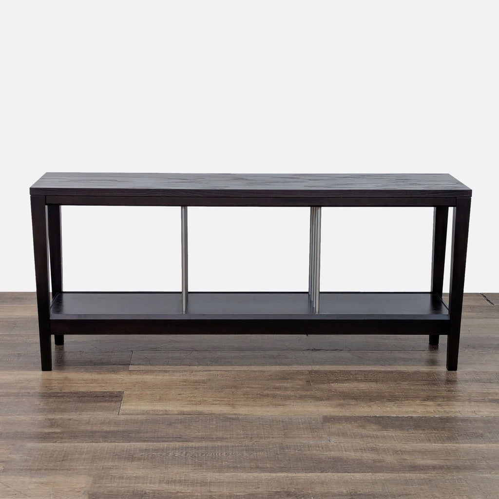 1. Baronet Furniture side & console table with dark wood finish and metal rod accents, front view.