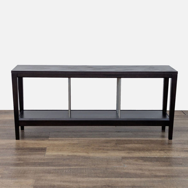1. Baronet Furniture side & console table with dark wood finish and metal rod accents, front view.