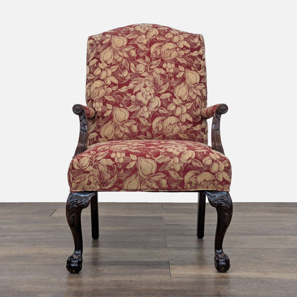 1. Drexel chair with ornate wood frame and red floral upholstery, shown from the front on a wood floor.