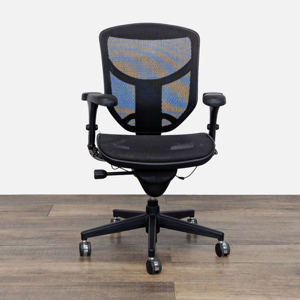 1. Front view of a Realspace office chair with mesh back, adjustable armrests, and tilt-lock mechanism for flexible comfort.  