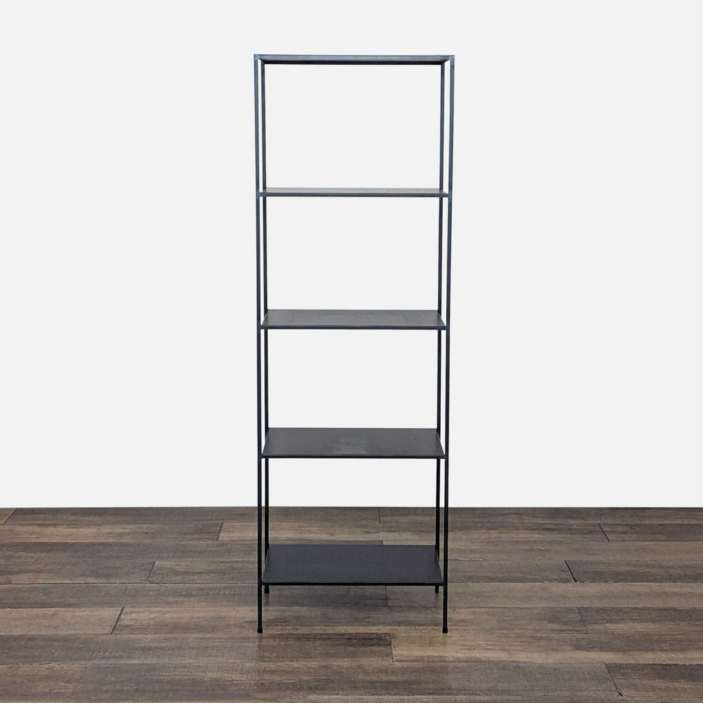 1. Tall, black lacquered Room and Board bookshelf made from recycled steel, with four open shelves.