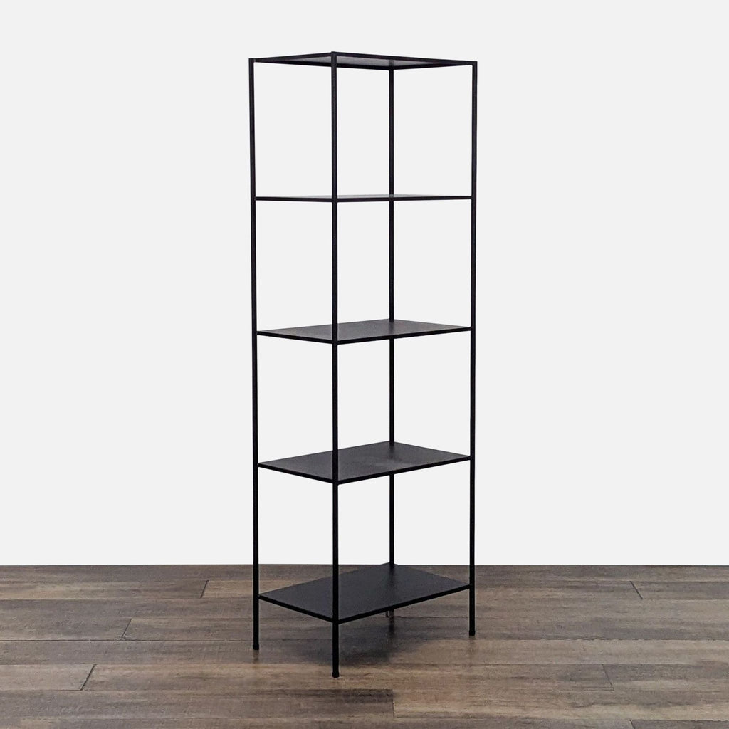 3. Modern Room and Board bookshelf featuring four shelves and a sleek black lacquered recycled steel frame.