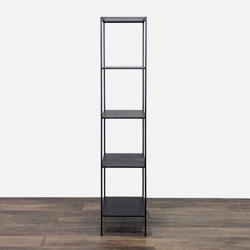 2. Narrow, minimalist recycled steel bookshelf in black lacquer finish by Room and Board, four shelves.
