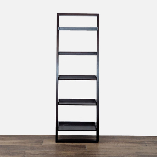 1. Black solid hardwood bookshelf with five thick, deep shelves by Crate & Barrel, shown against a white wall.