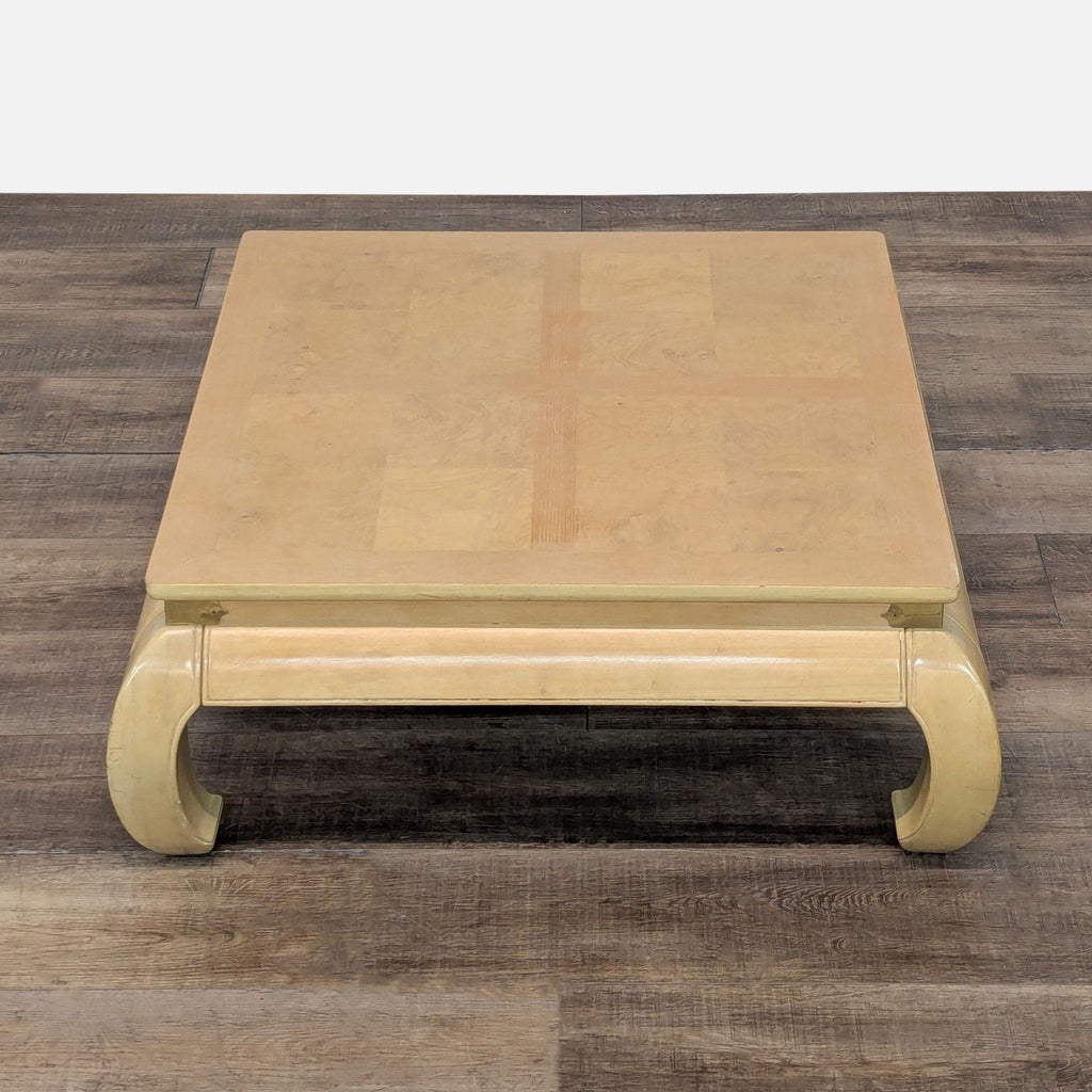 2. Top view of Bernhardt square coffee table showing cream lacquer, burl inlay, and subtle brass embellishments.