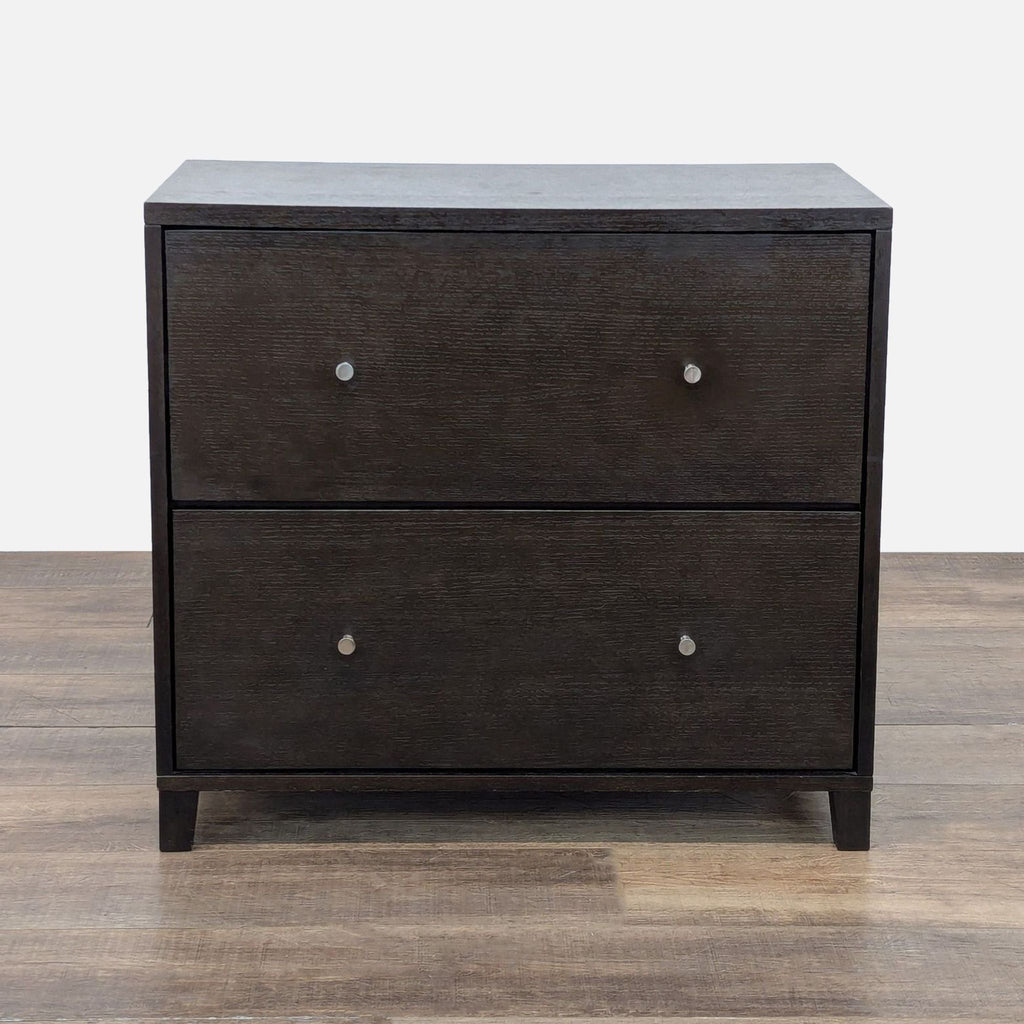 1. Front view of a dark walnut West Elm filing cabinet with two drawers and brushed nickel pulls.