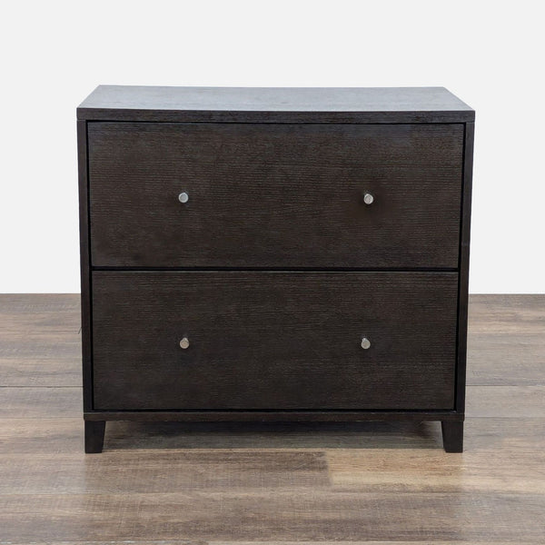 1. Front view of a dark walnut West Elm filing cabinet with two drawers and brushed nickel pulls.