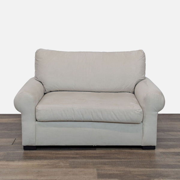 1. Light stone suede roll arm sofa with plush cushions, suitable for living rooms, Pottery Barn sleeper sofa.  