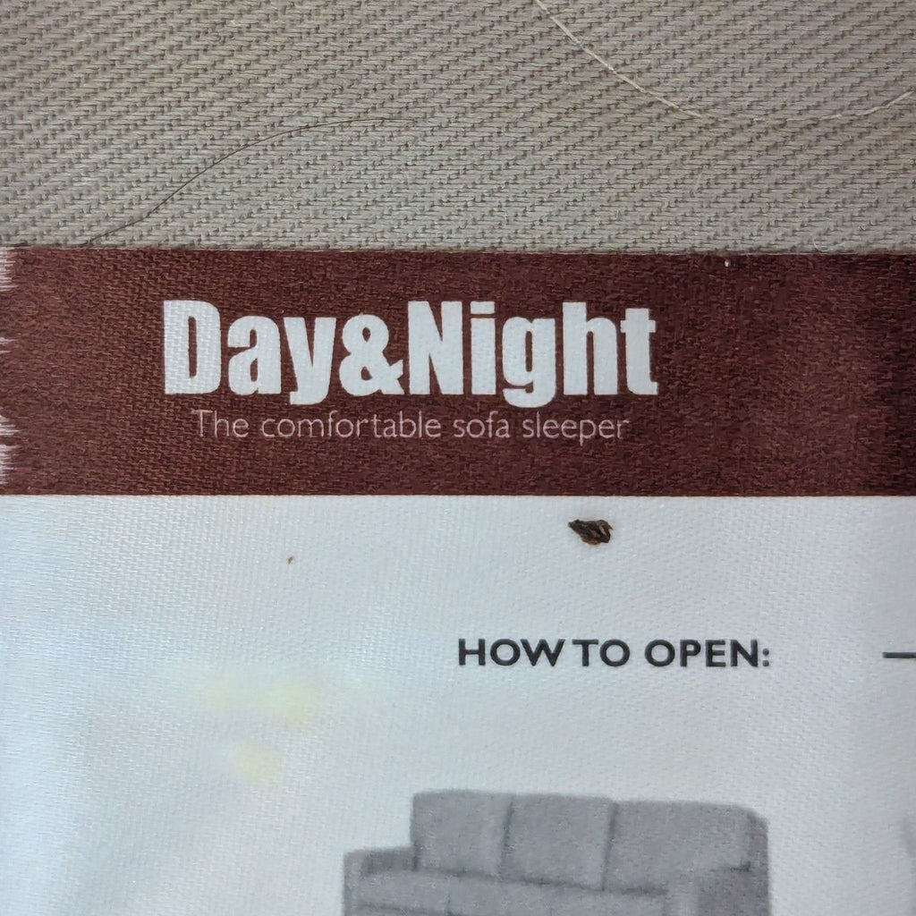 3. Close-up of the "Day & Night" label on the American Upholstery sleeper sofa, showing part of the instructions.
