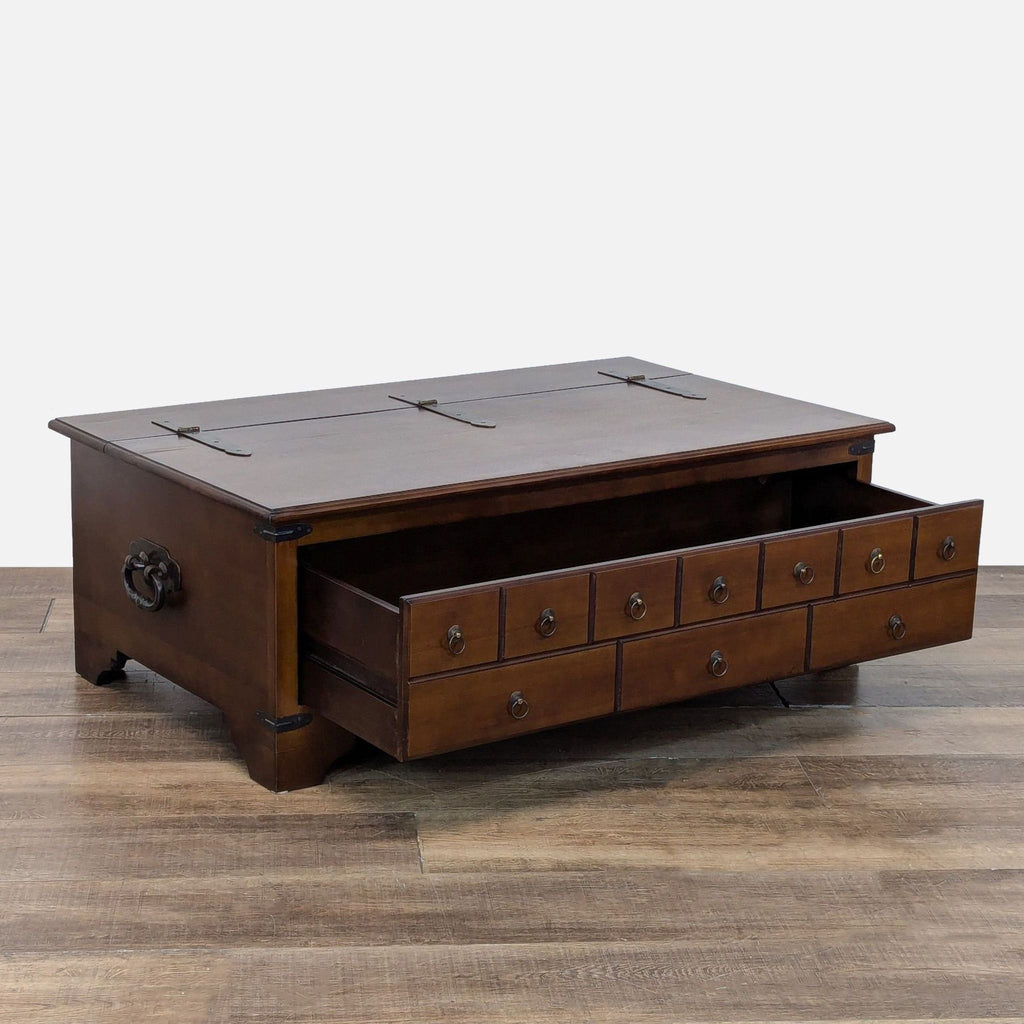 1. Reperch coffee table with lift-up top panel, showcases a large storage drawer and multi-drawer design.