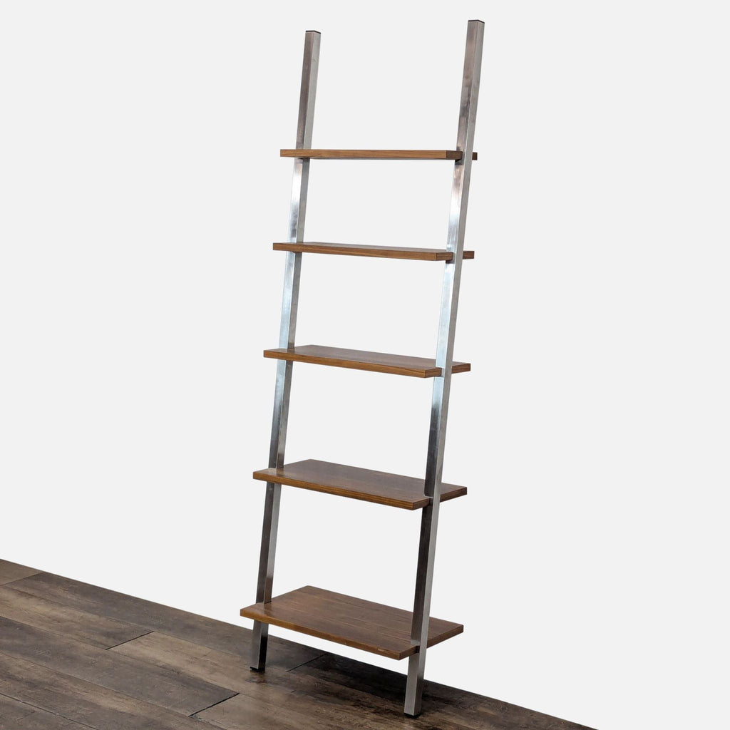 Side view of Room and Board bookshelf featuring steel frame and maple wood shelves, in Bookshelves category.