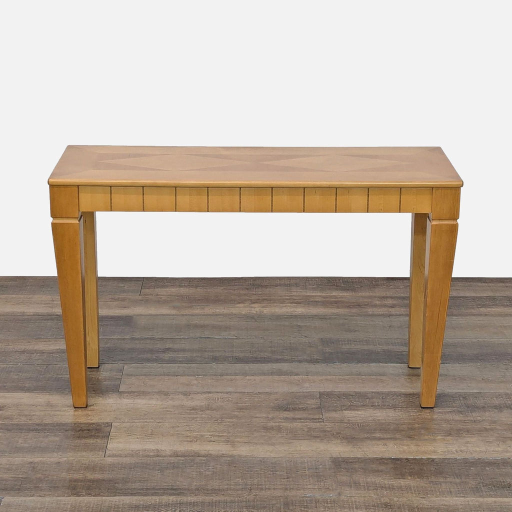 1. Reperch side and console table in light wood finish, rectangular design with tapered legs, shown on wood floor.