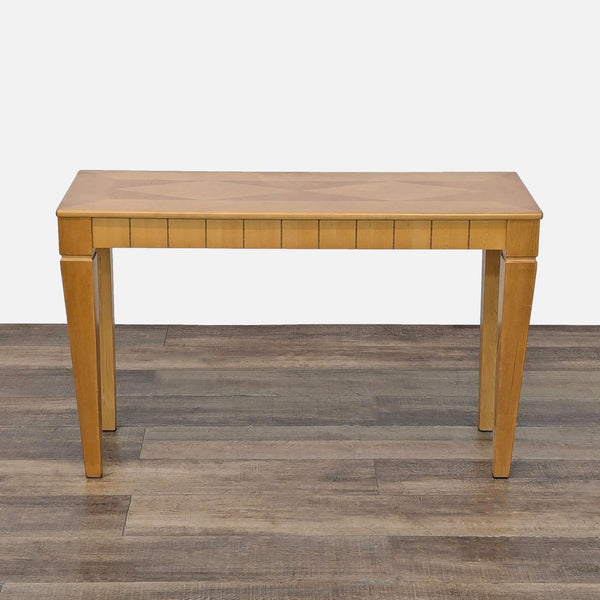 1. Reperch side and console table in light wood finish, rectangular design with tapered legs, shown on wood floor.