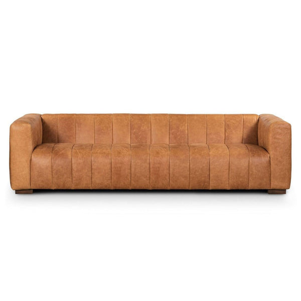 Front view of a Poly & Bark 3-seat sofa with a tuxedo silhouette and distressed leather upholstery.  