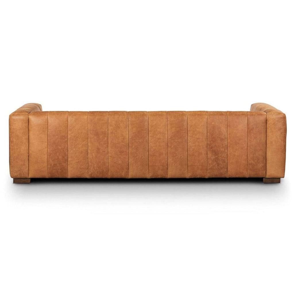 Rear view of the Poly & Bark 3-seat sofa, highlighting the classic tuxedo shape and vertical leather panels.