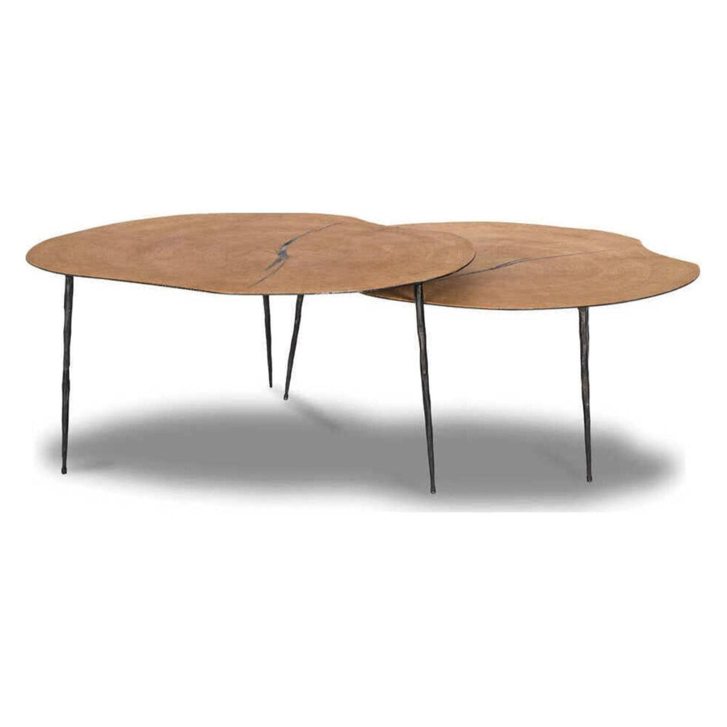1. Set of two Mobital coffee tables with forged steel legs and unique silicone-filled crosscut oak veneer tops.