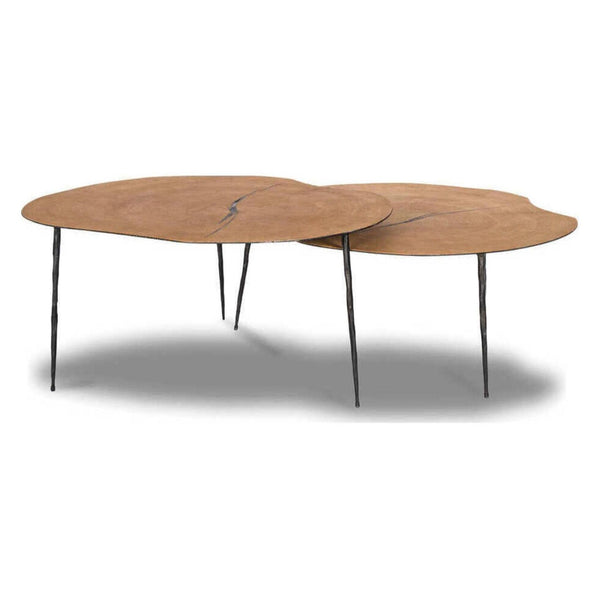 1. Set of two Mobital coffee tables with forged steel legs and unique silicone-filled crosscut oak veneer tops.