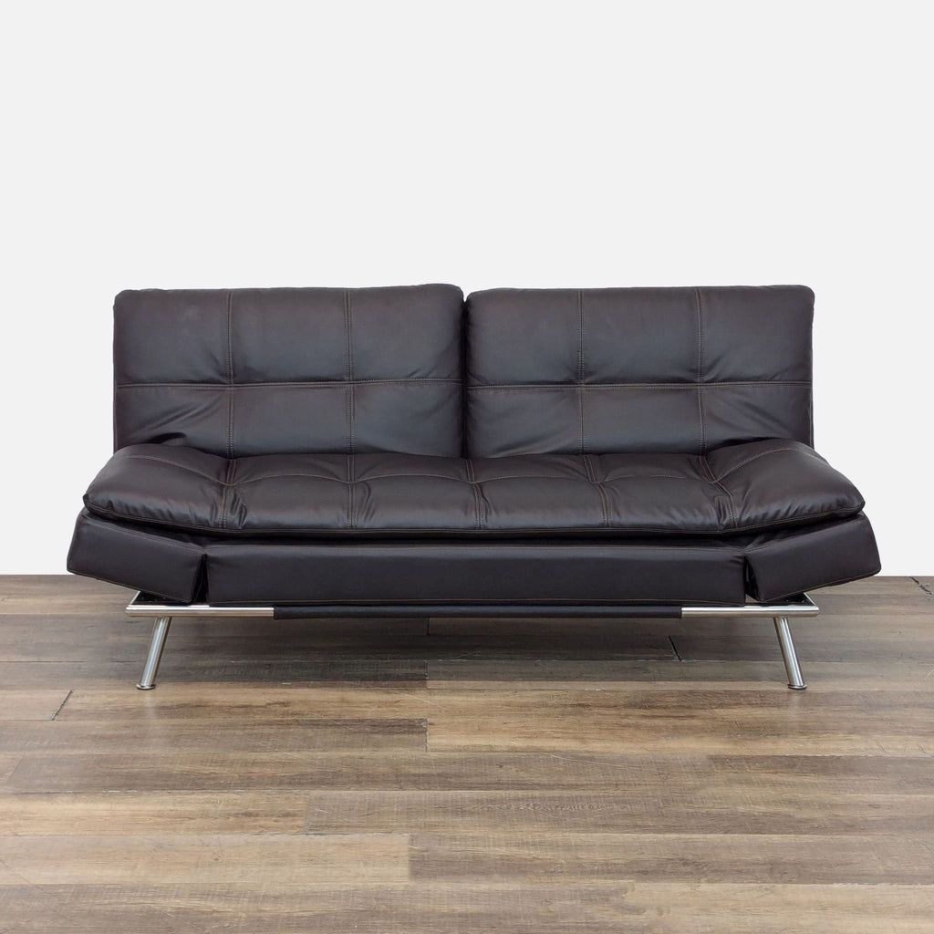 1. Black leather 3-seat sofa by Lifestyle Solutions featuring adjustable arm wings and solid steel frame, shown upright.  