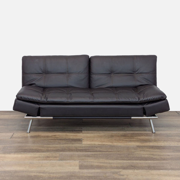 1. Black leather 3-seat sofa by Lifestyle Solutions featuring adjustable arm wings and solid steel frame, shown upright.  