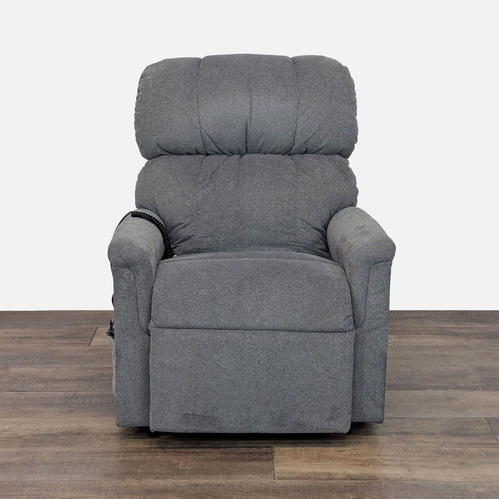 1. Front view of a plush gray Golden Technologies lounge chair with hand-stuffed seams and lumbar support.