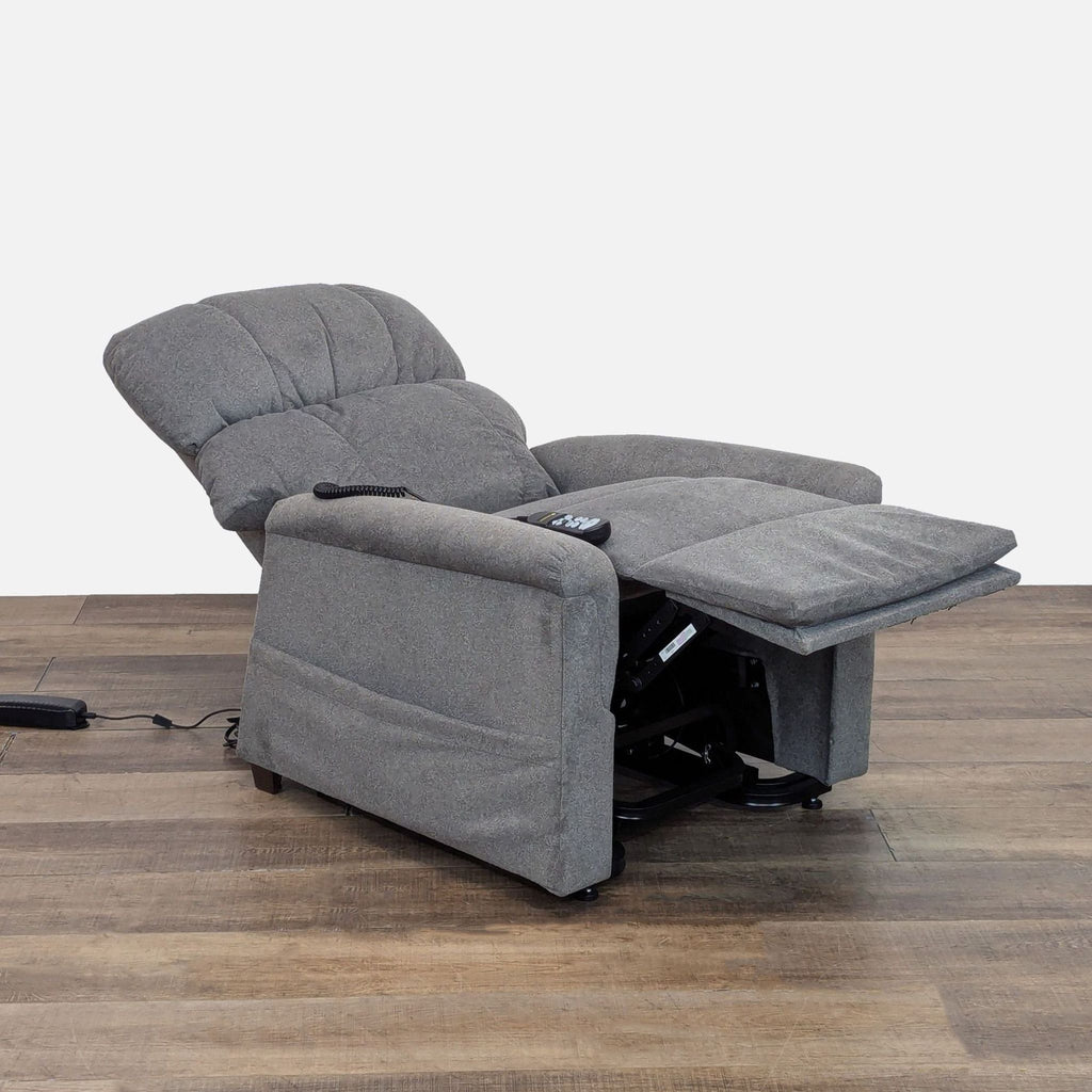 2. Side view of a Golden Technologies lounge chair in reclined “full napper” position, showing full leg extension.