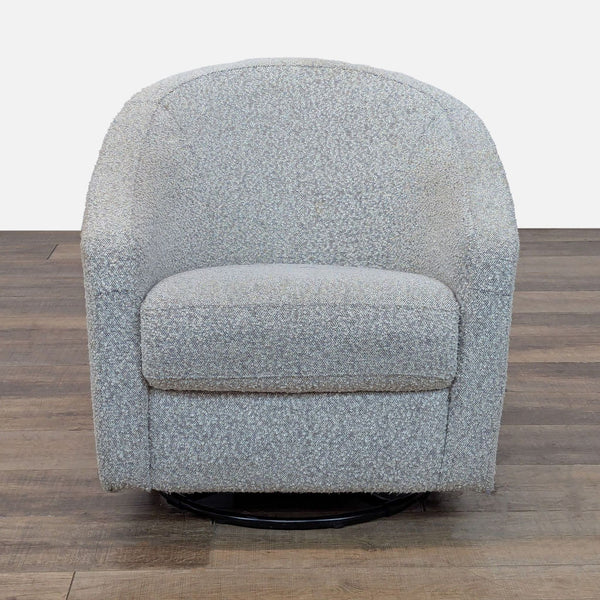 Front view of Reperch Lounge chair featuring thick seat cushion, battle back, and black and white bouclé upholstery.  