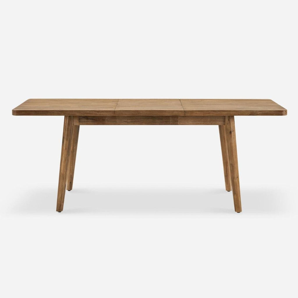 1. Castlery solid acacia dining table in honey finish, 59-inch split top with clean, minimalist design.  