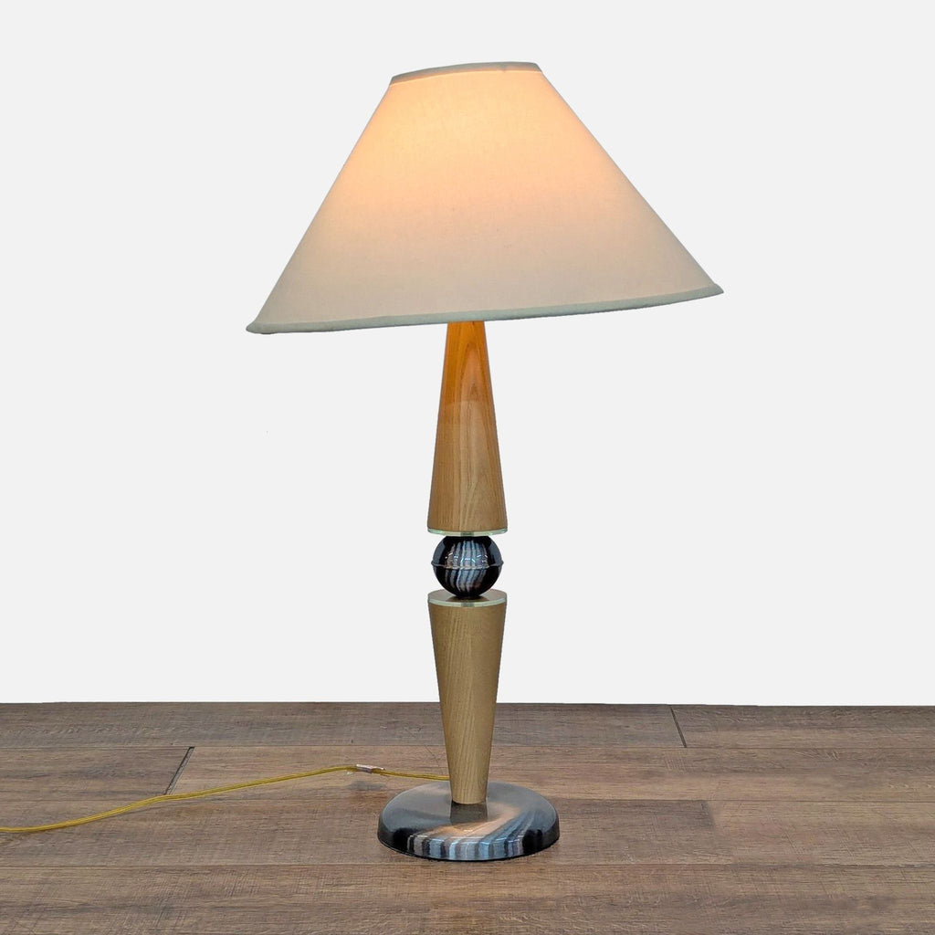 1. Table lamp with wood base, metal sphere accent, and conical shade from Classic Brass Collection Lighting.