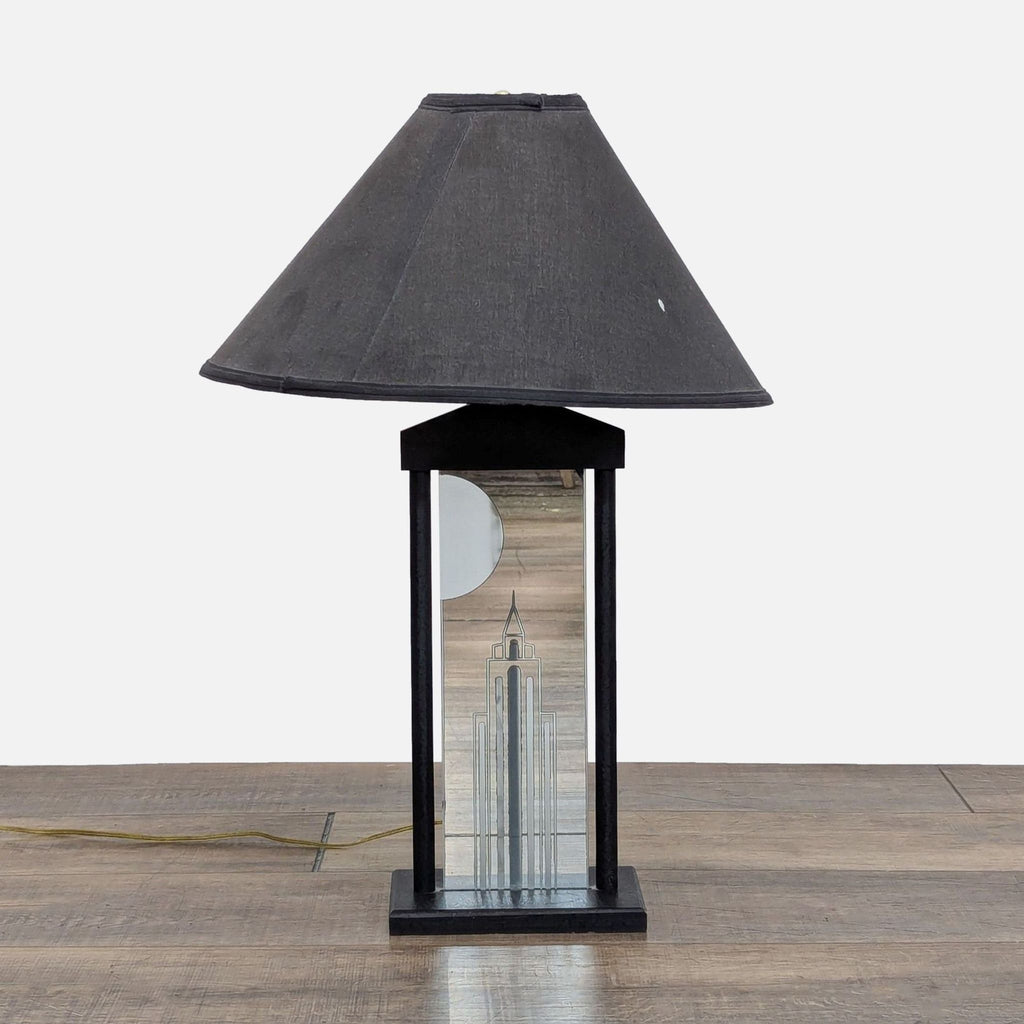 Art Deco Table Lamp with Etched Cityscape and Rope Light Accent