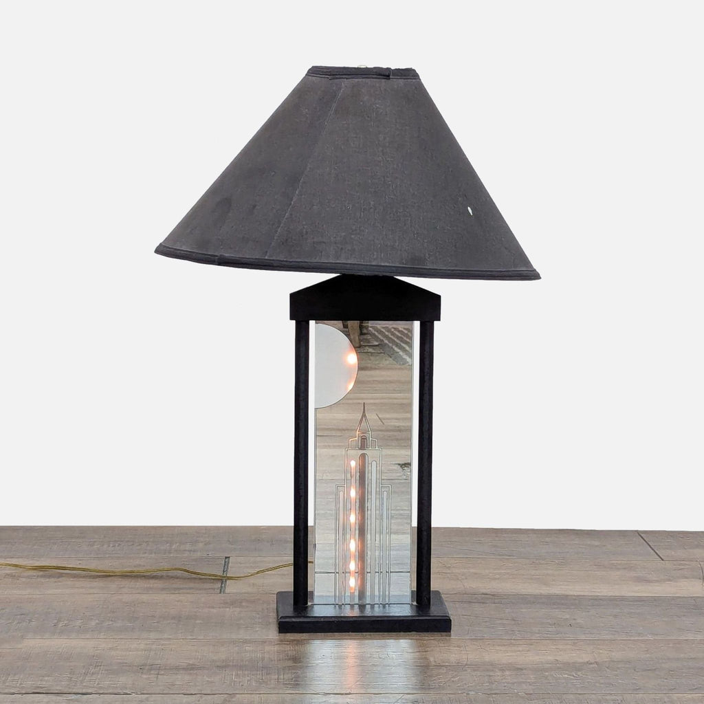 Art Deco Table Lamp with Etched Cityscape and Rope Light Accent