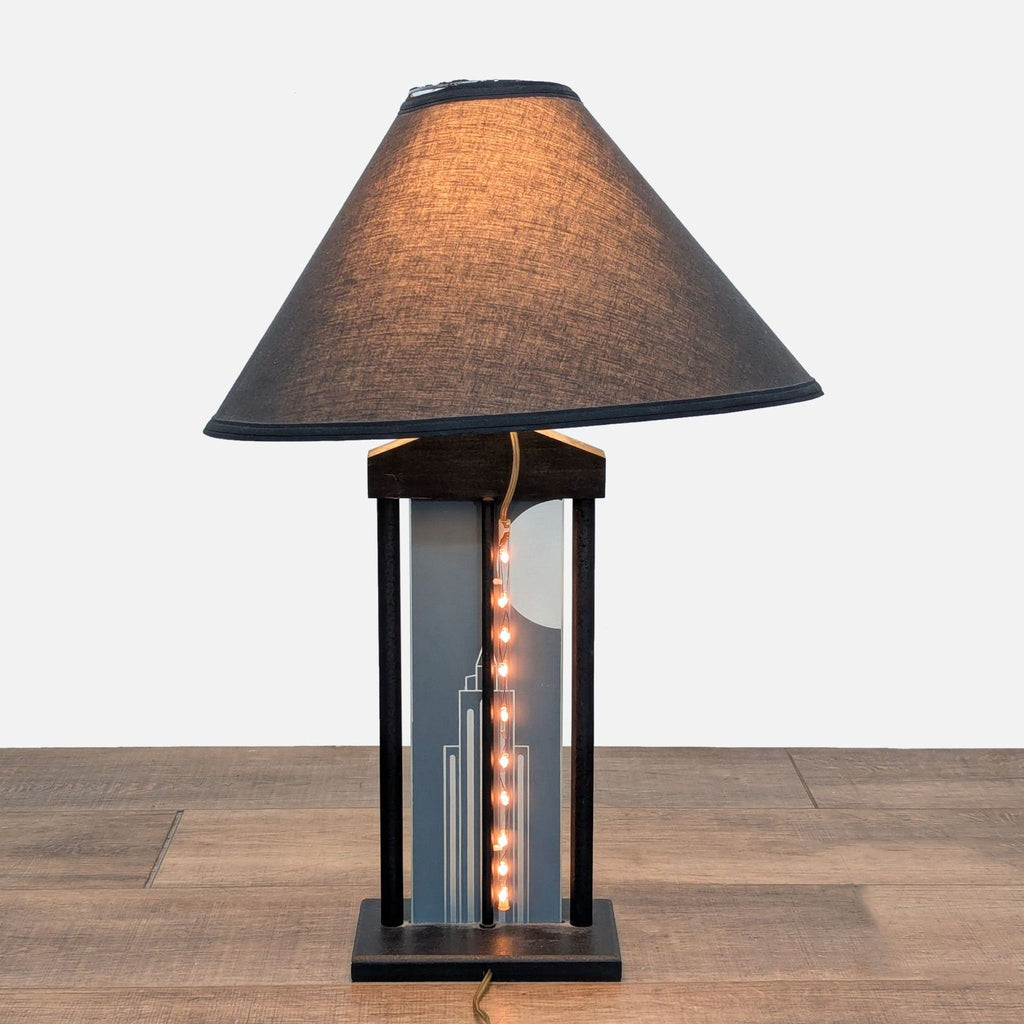 Art Deco Table Lamp with Etched Cityscape and Rope Light Accent