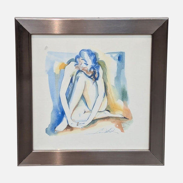 1. Framed watercolor print of a seated figure, signed by the artist, under the Drawings & Paintings category.