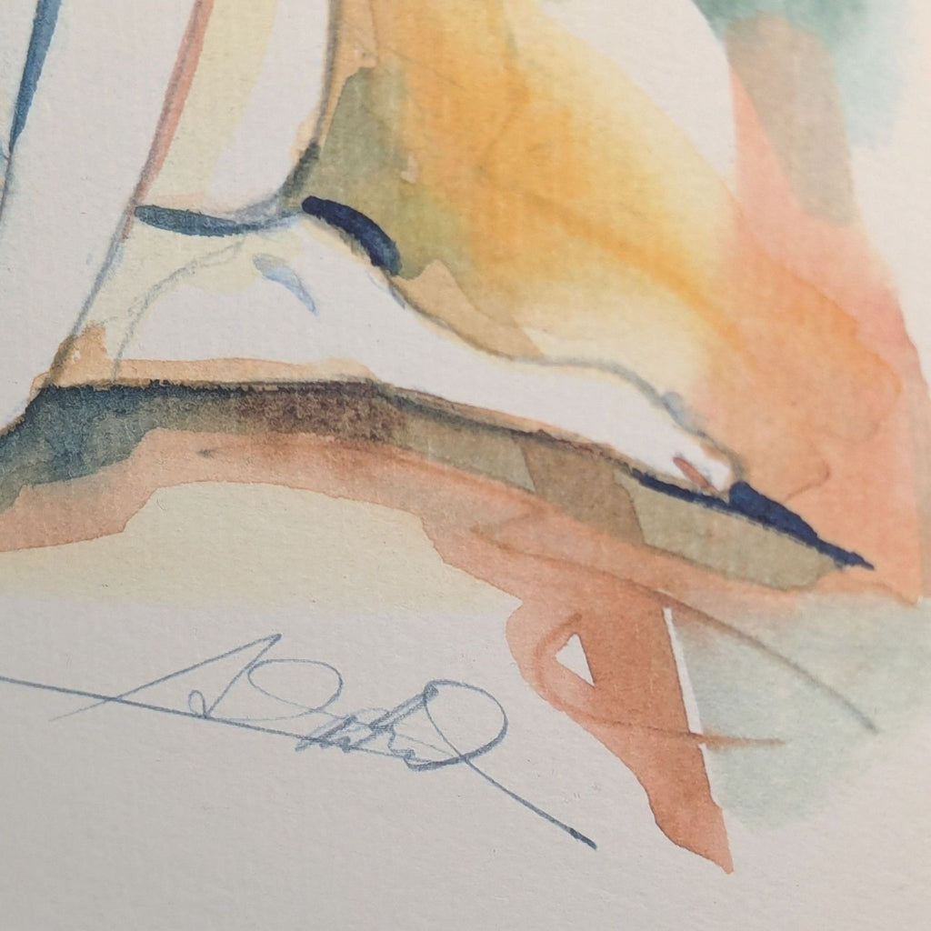 2. Close-up of the artist's signature on a watercolor print with blended blues, greens, and orange hues.