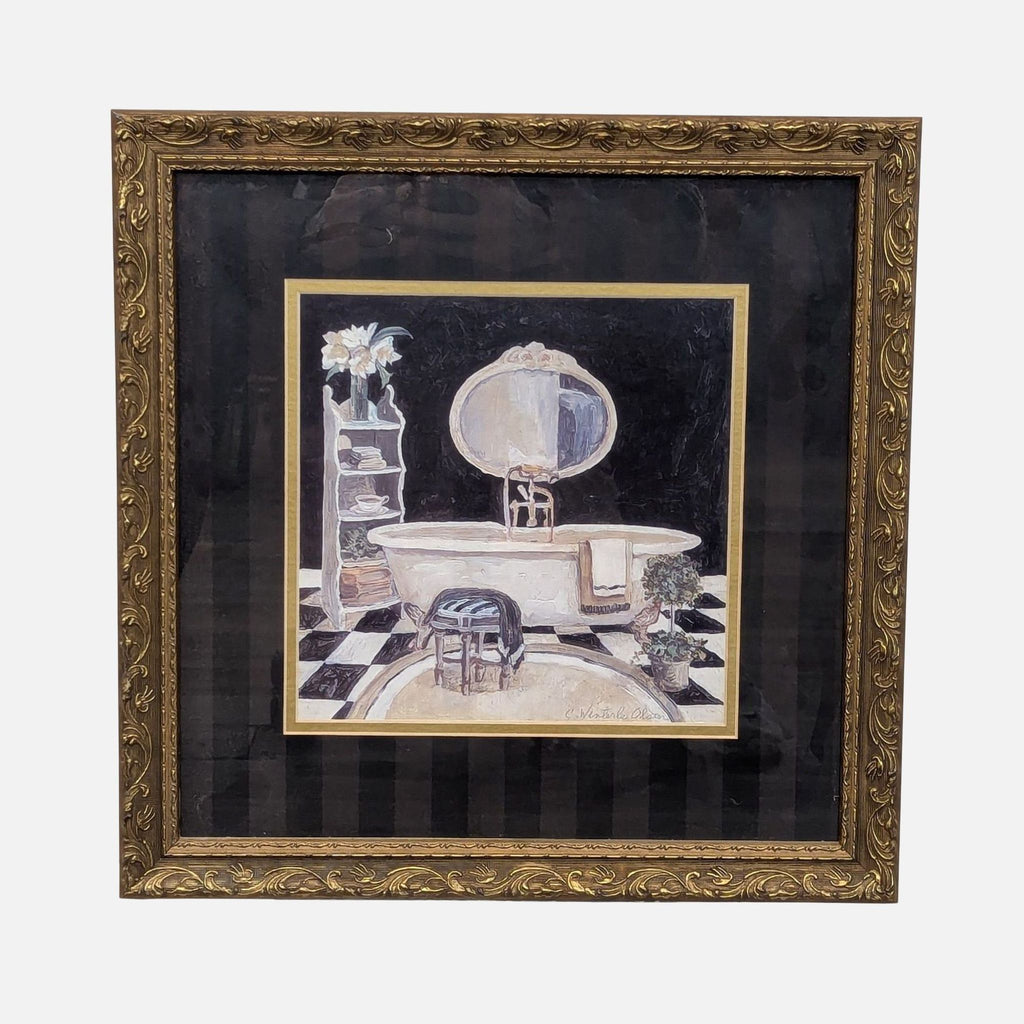 1. Framed art print with a vintage bathroom scene by Charlene Winter Olson, ornate gold frame, Z Gallerie brand.