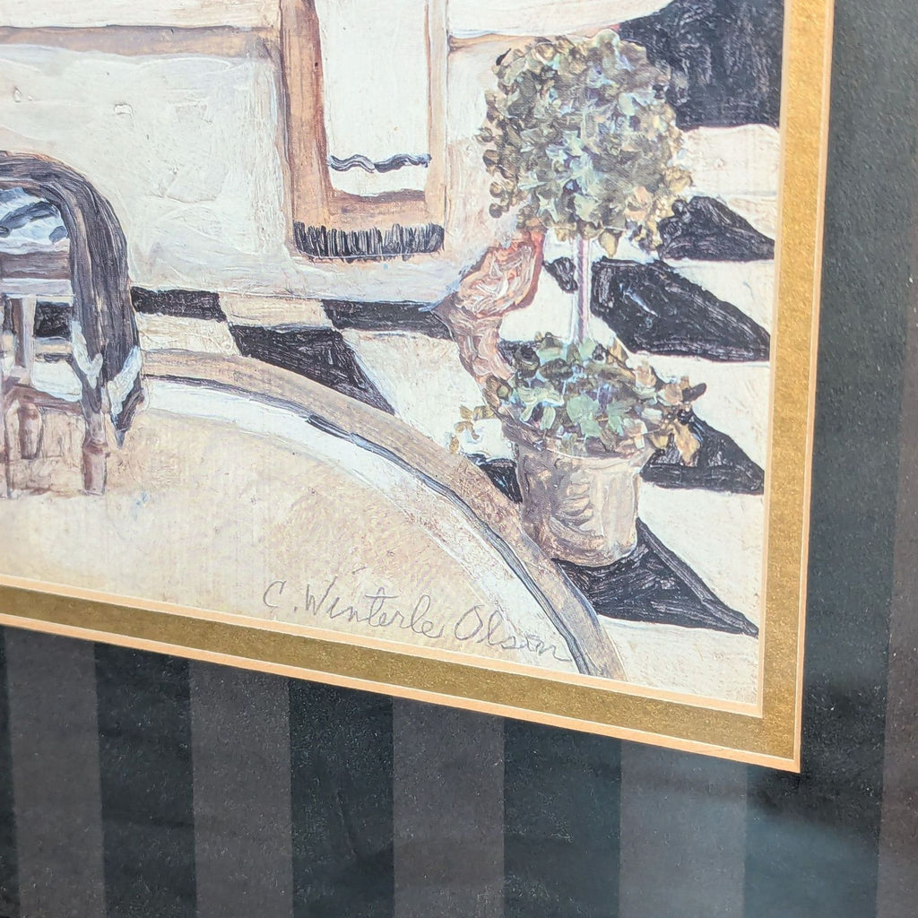 2. Close-up of the “Maison Bath II” art print showing the artist’s signature, textured detail, and gold matting.