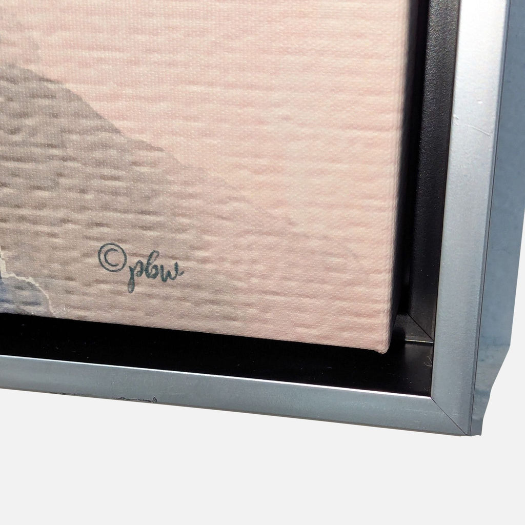 2. Close-up of the painting’s corner showing the artist’s signature “pbw” and the edge of the silver frame.
