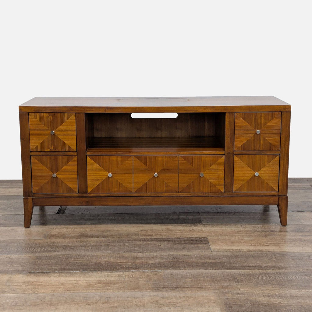 1. Reperch entertainment center with five drawers, open shelf, and metal hardware, shown from the front.