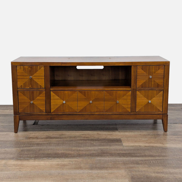 1. Reperch entertainment center with five drawers, open shelf, and metal hardware, shown from the front.