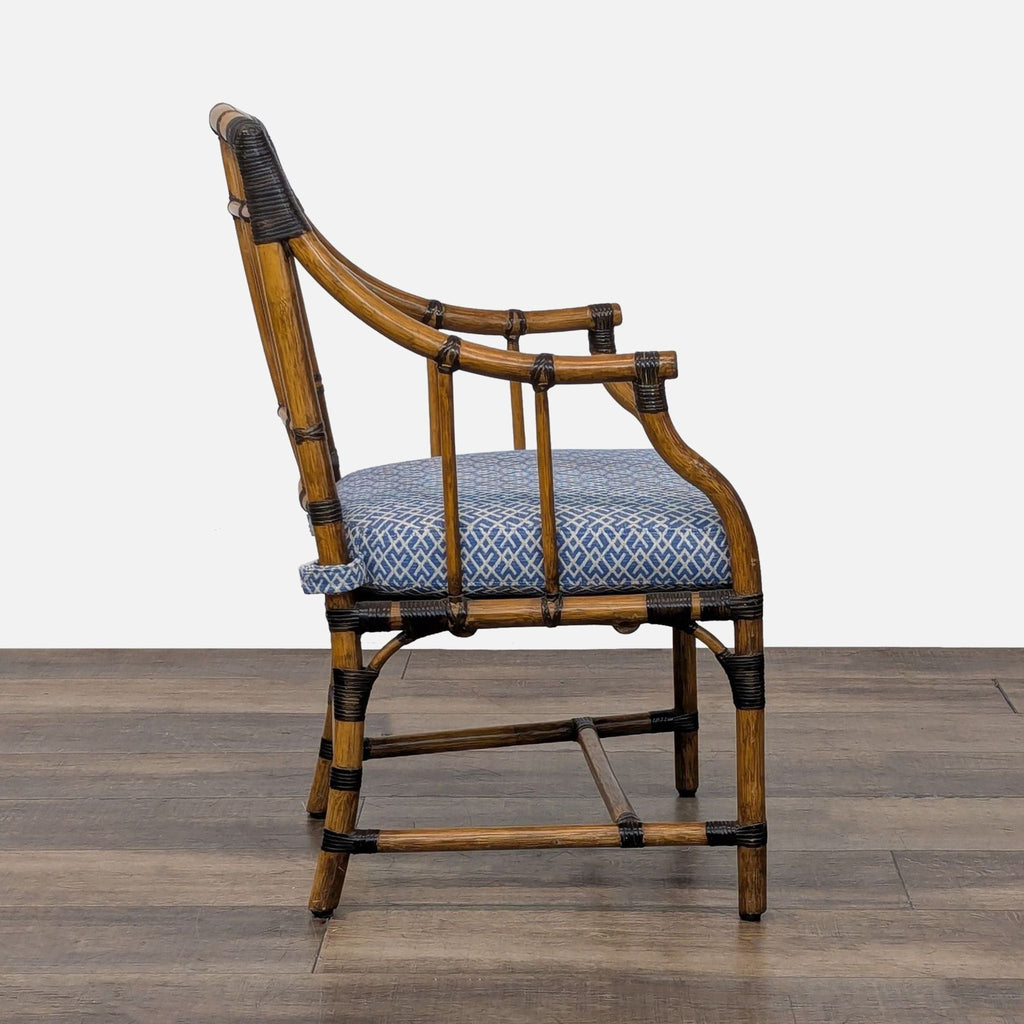 3. Profile of a McGuire San Francisco dining chair, highlighting curved wood armrests and detailed woven joints.