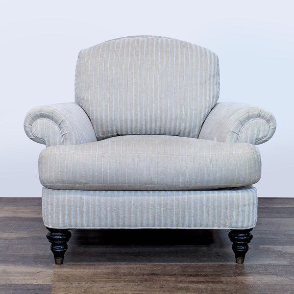 1. Reperch lounge chair with striped upholstery, rolled arms, and turned wood legs with brass caps, front view.